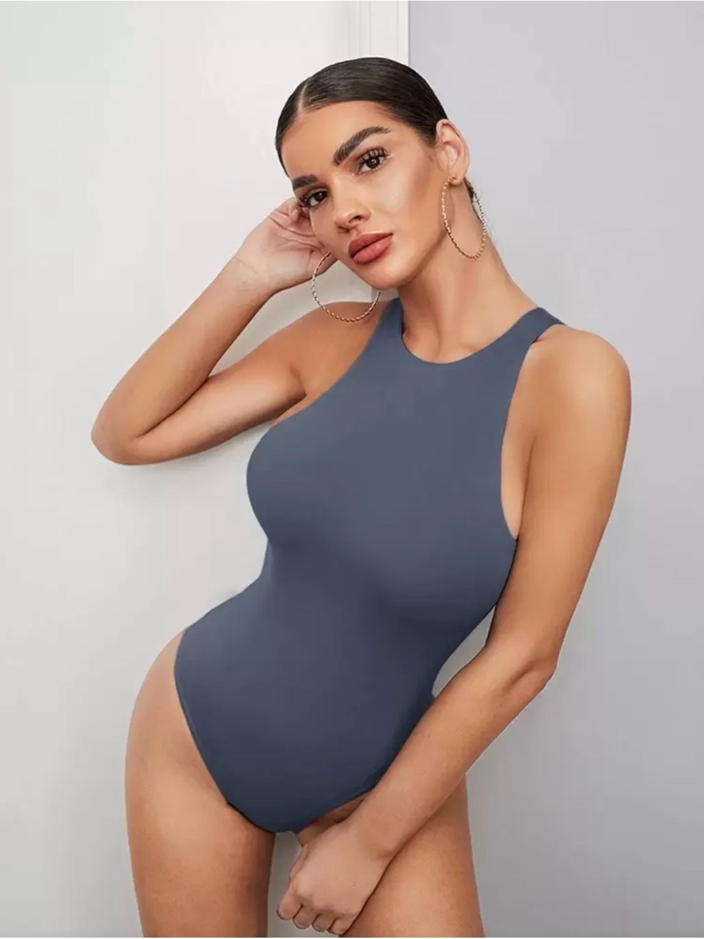 SHEIN Charcoal High-Neck Seamless Bodysuit